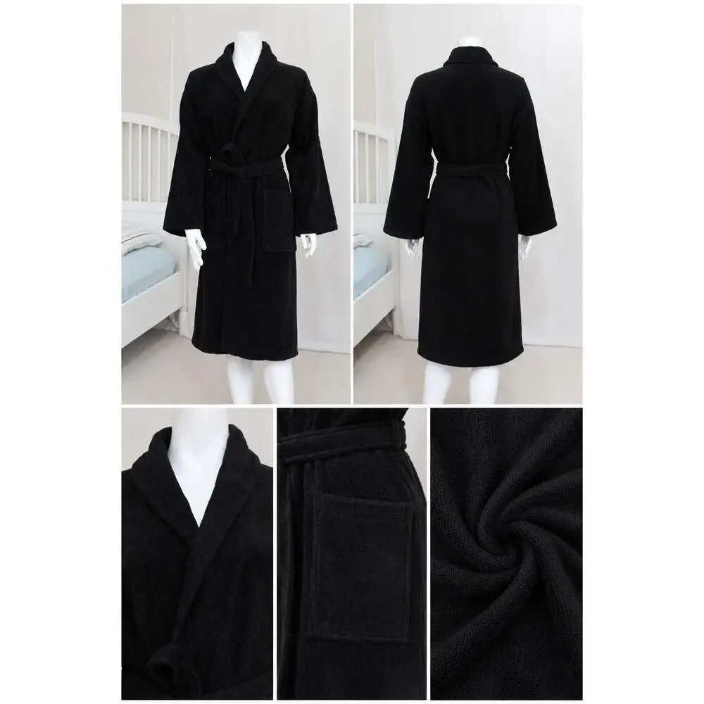 Black Bathrobe 100% Cotton Unisex Soft Spa Robe S/M Turkish Towel Belted Pockets